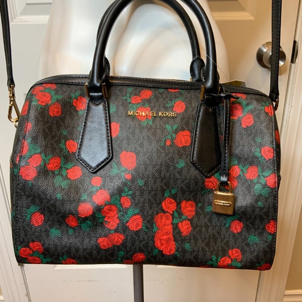 Michael Kors Hayes Black Red Rose Pebbled Leather Satchel MK